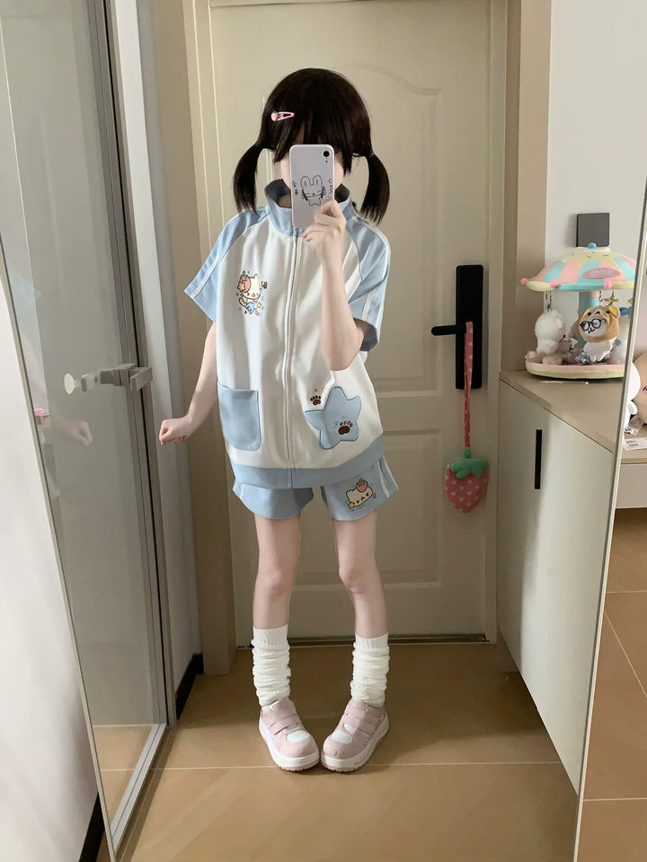 Kawaii Jacket and Shorts Set, Star & Cat Embroidery 45640:857449
