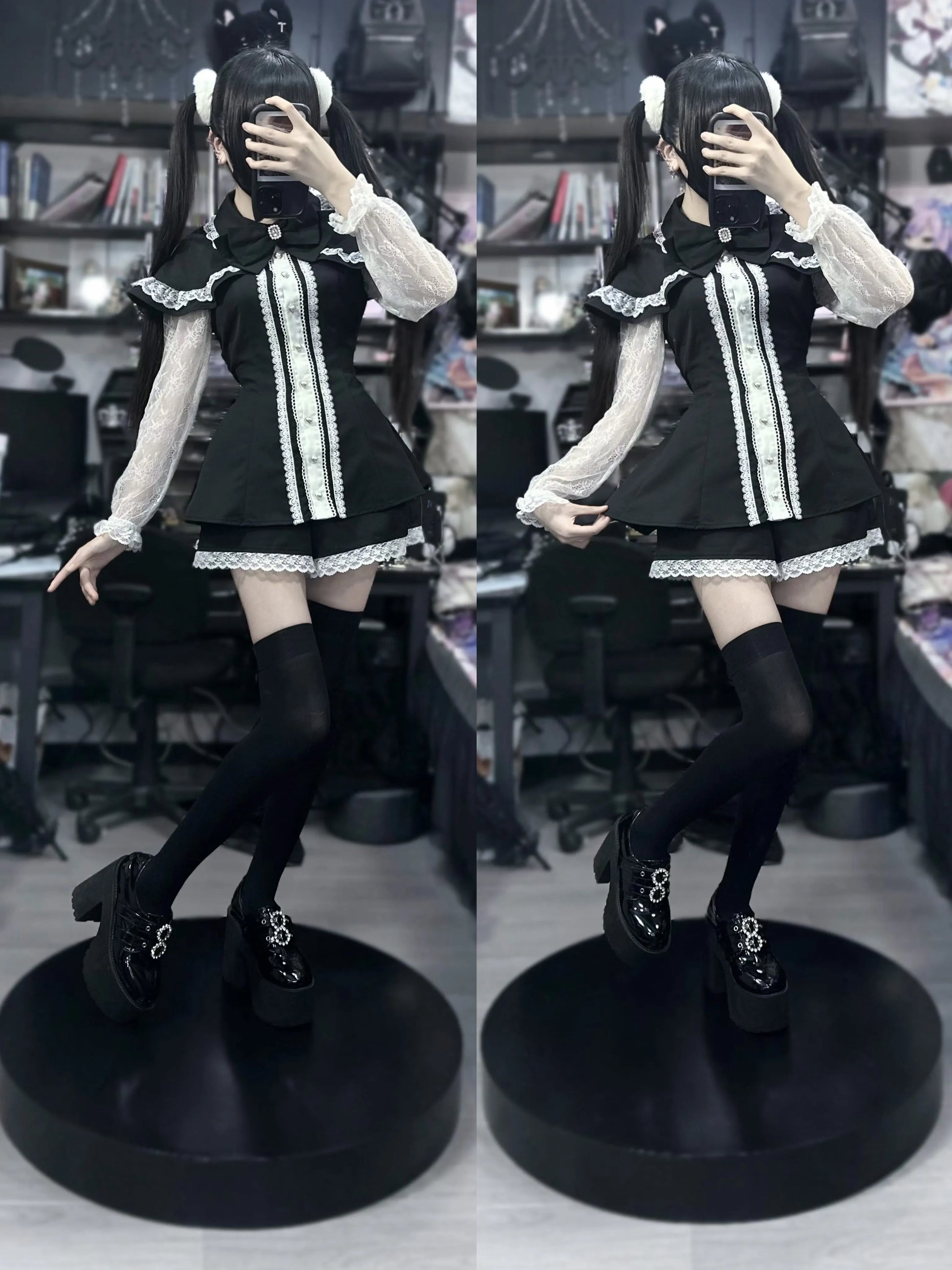Jirai Kei Dress Set Lace Sleeve Black Cape Outfit Sets 37456:561416