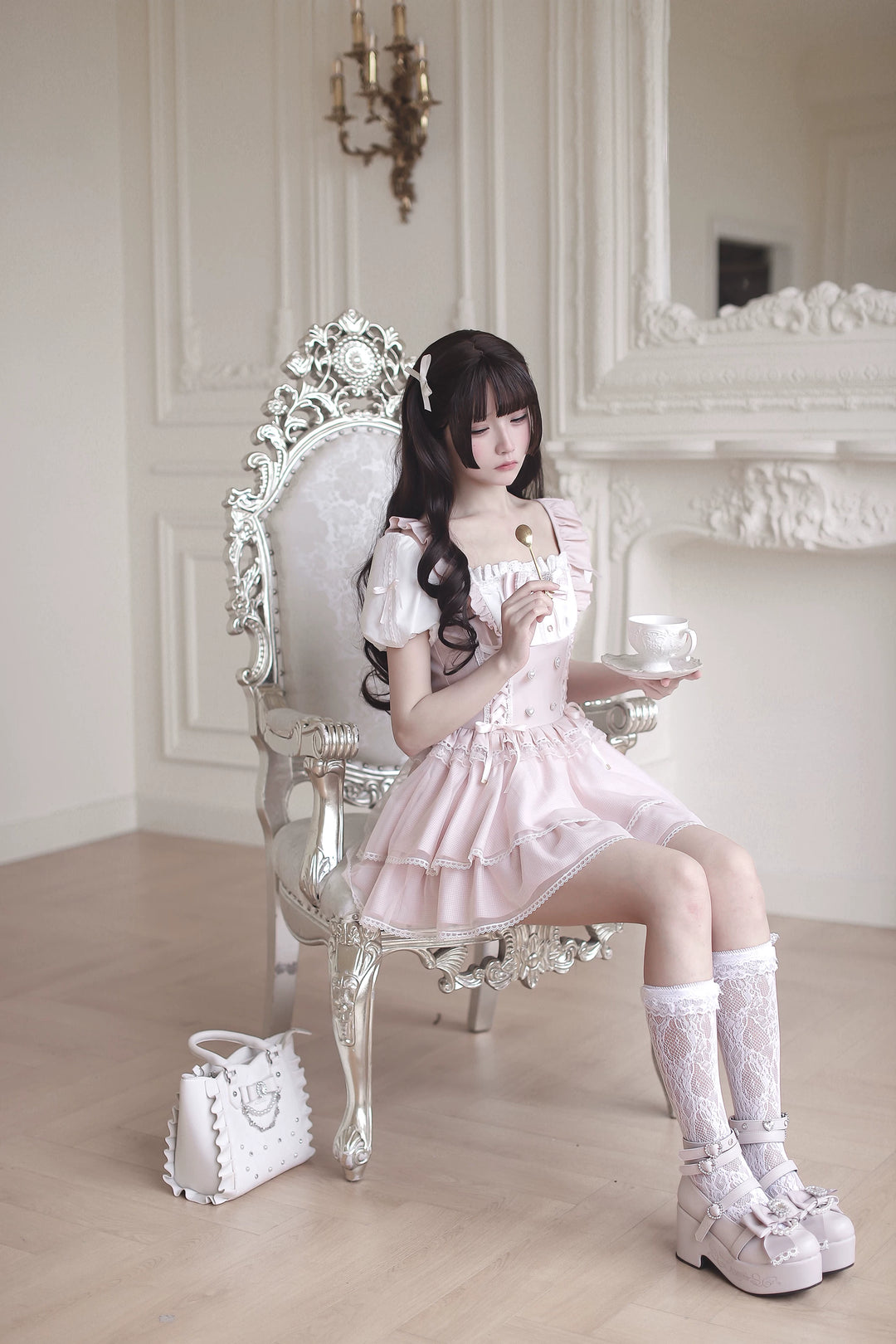 Jirai Kei Puff Sleeve Dress, Layered Tulle Hem 45340:847383