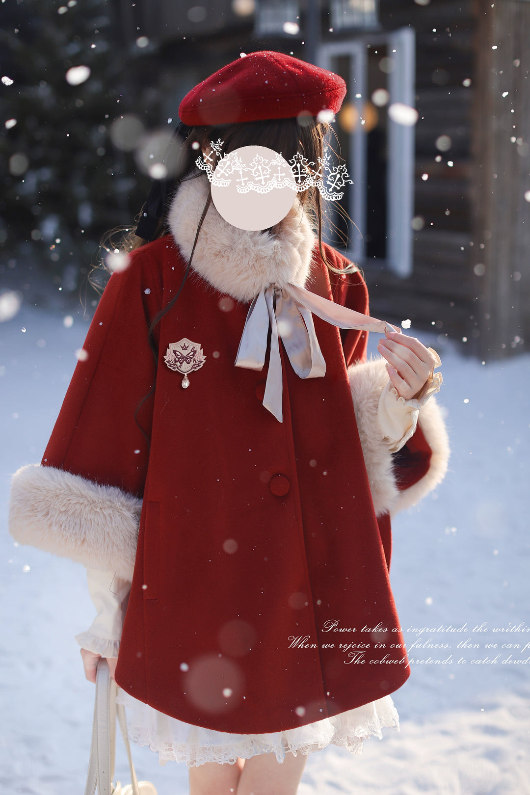 Christmas Woolen Blend Red Cloak, Beige Blouse 44037:793478