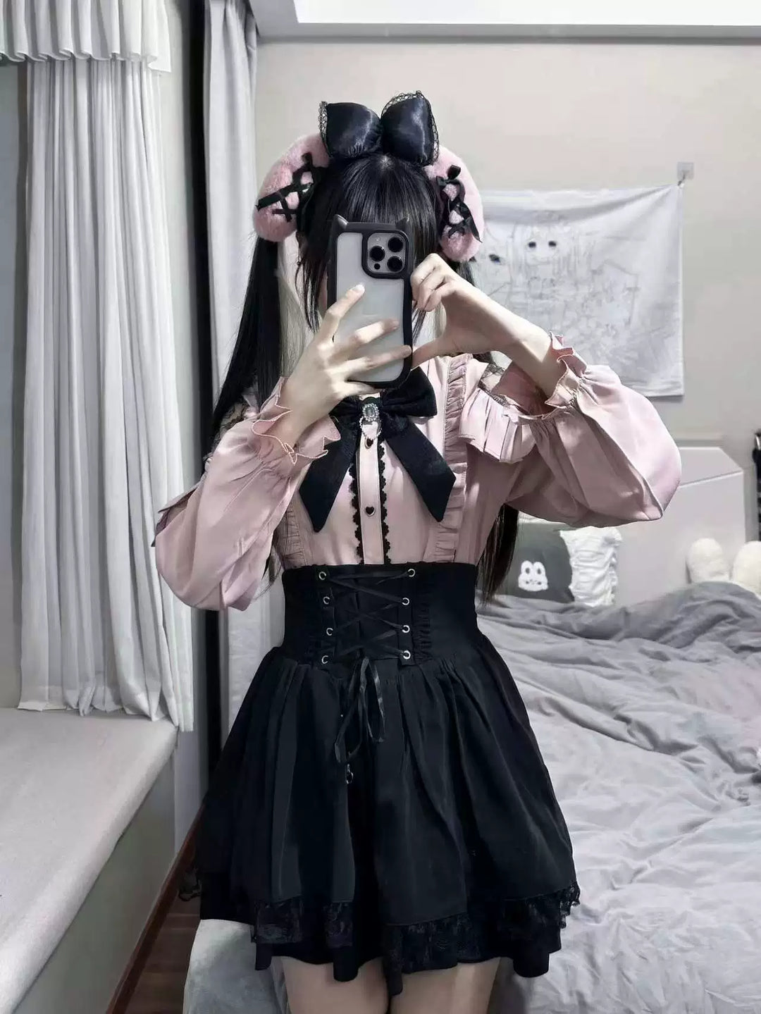 Jirai Kei Set Up, Lace Cut-out Shoulder Shirt 44891:827015