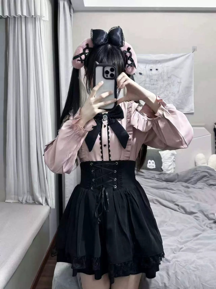 Jirai Kei Set Up, Lace Cut-out Shoulder Shirt 44891:827015