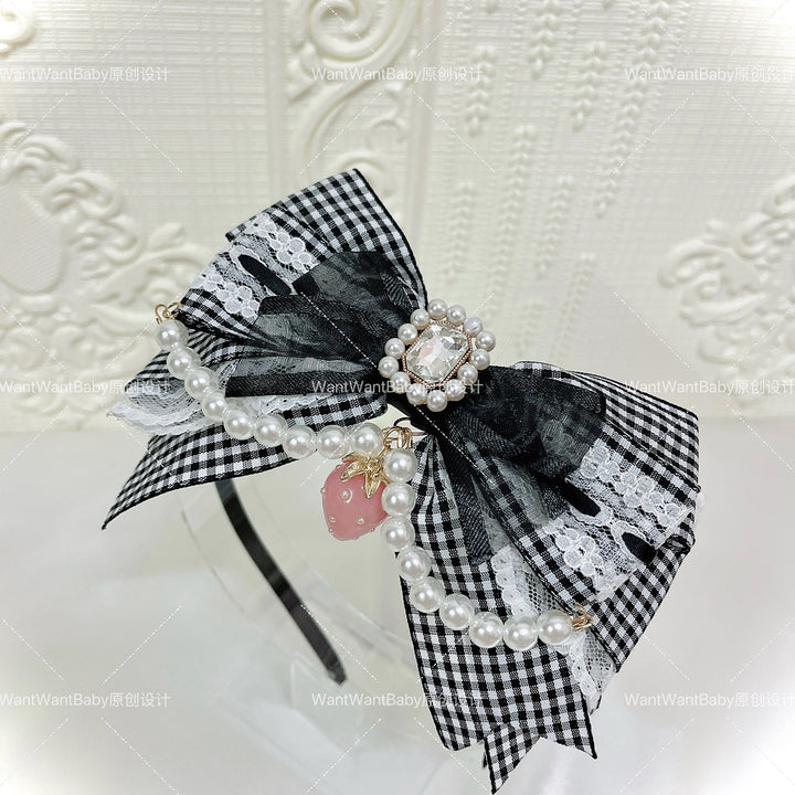 Ryousangata Plaid Strawberry Headband, Adjustable Bow (Black) 43647:782288