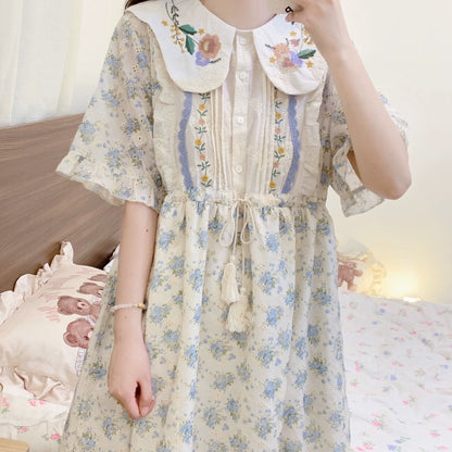 Cottagecore Dress Mori Kei Dress Blue Floral Dress 36236:526680