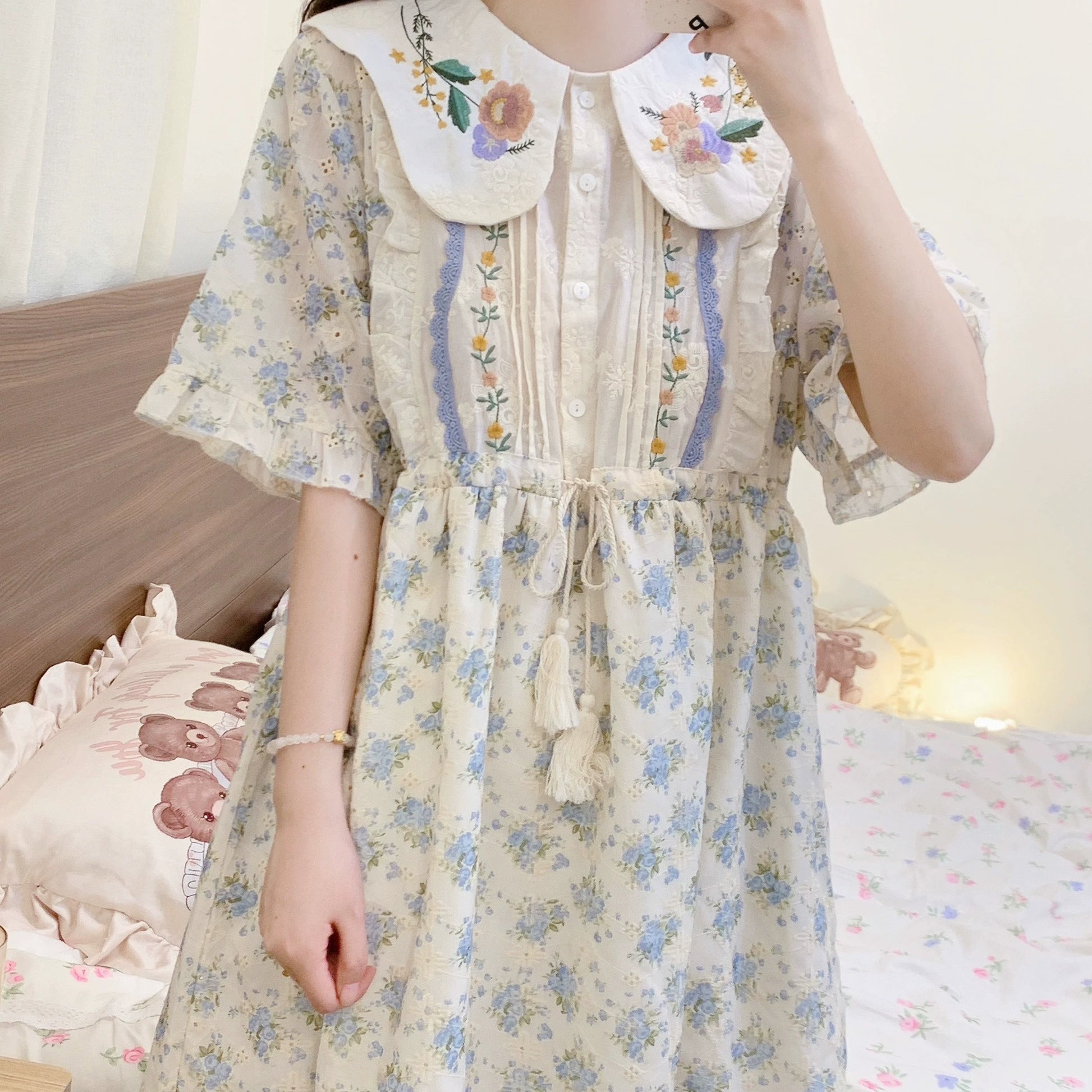 Cottagecore Dress Mori Kei Dress Blue Floral Dress 36236:526690