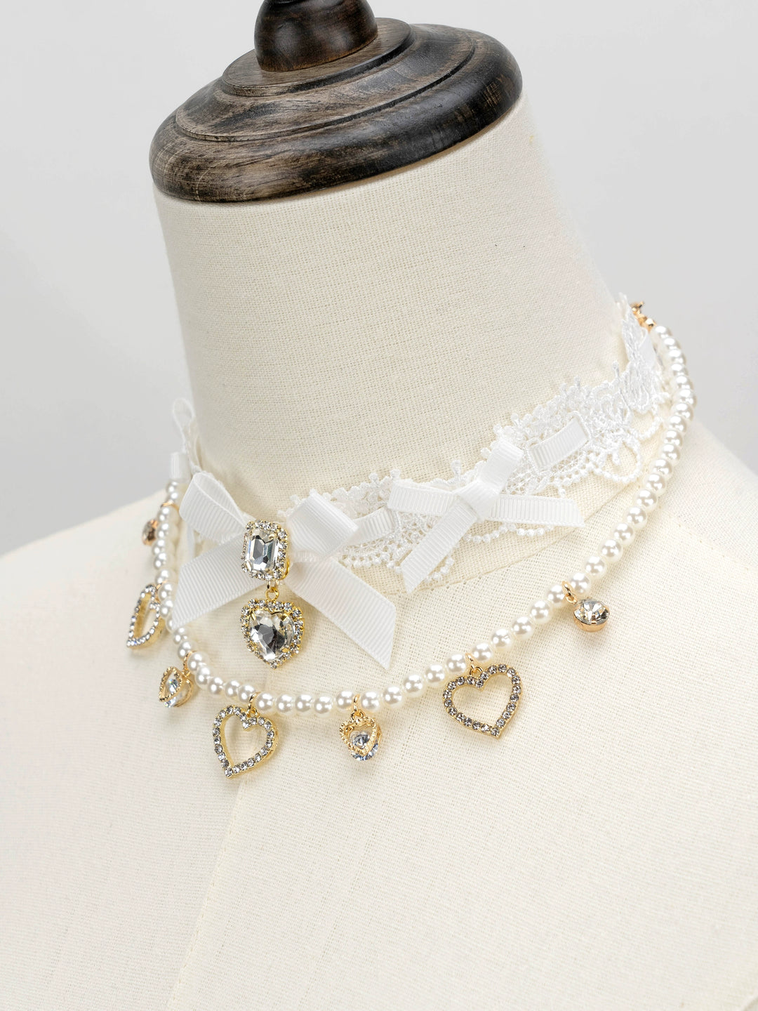 Jirai Kei Necklace Double-layered Pearl Rhinestone Choker 33806:446328 33806:446328