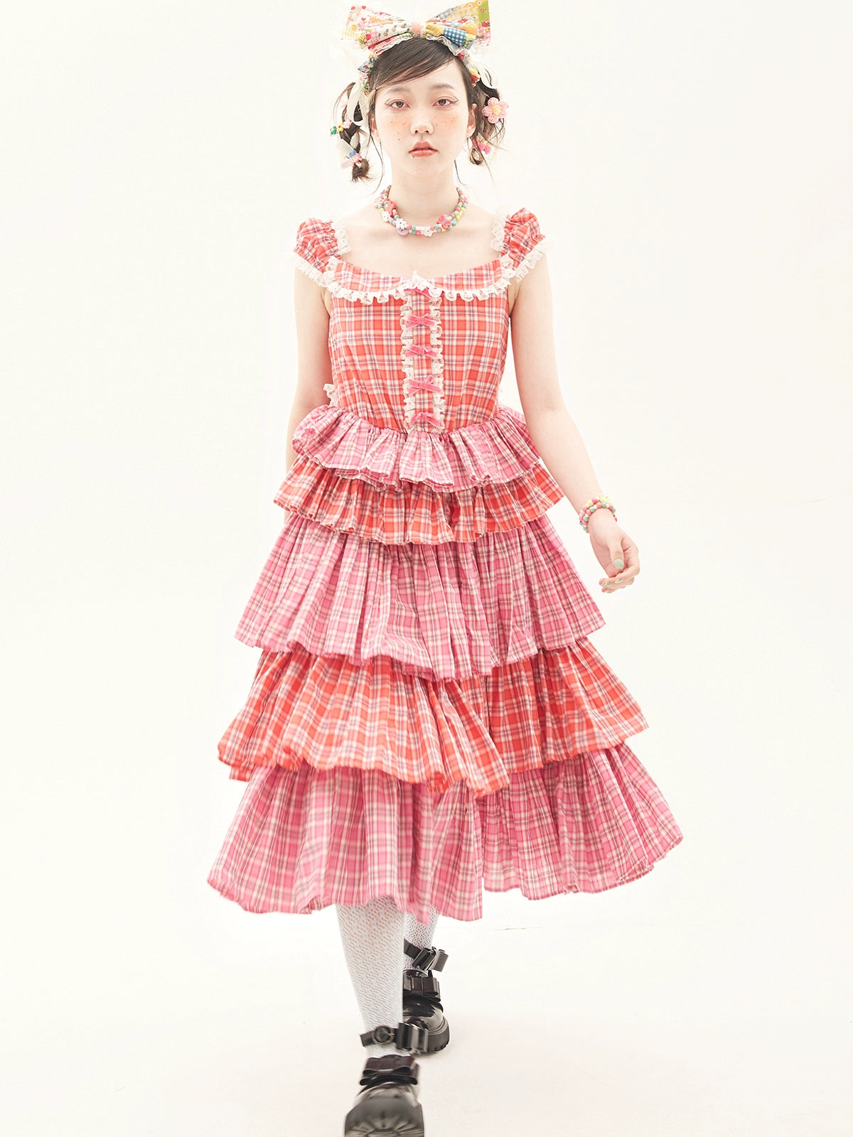Sweet Lolita Dress Pink Plaid Dress Kawaii Layered Dress 36166:543388