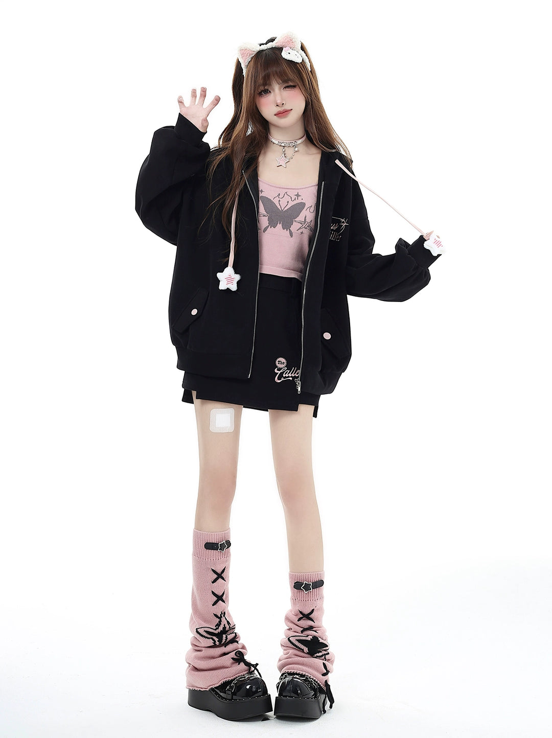 Jirai Kei Hoodie Zipper Jacket Casual Wear Skirt Set Pink Black (L M S) 32456:439302