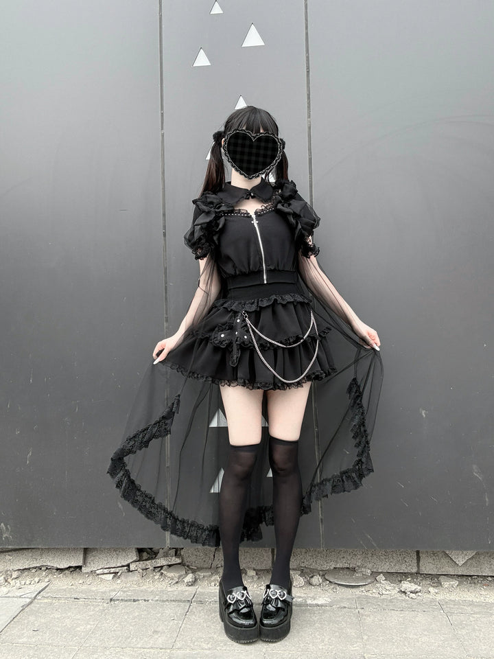 Jirai Kei Skirt & Zip-up Top, Tulle Vest 45009:838762