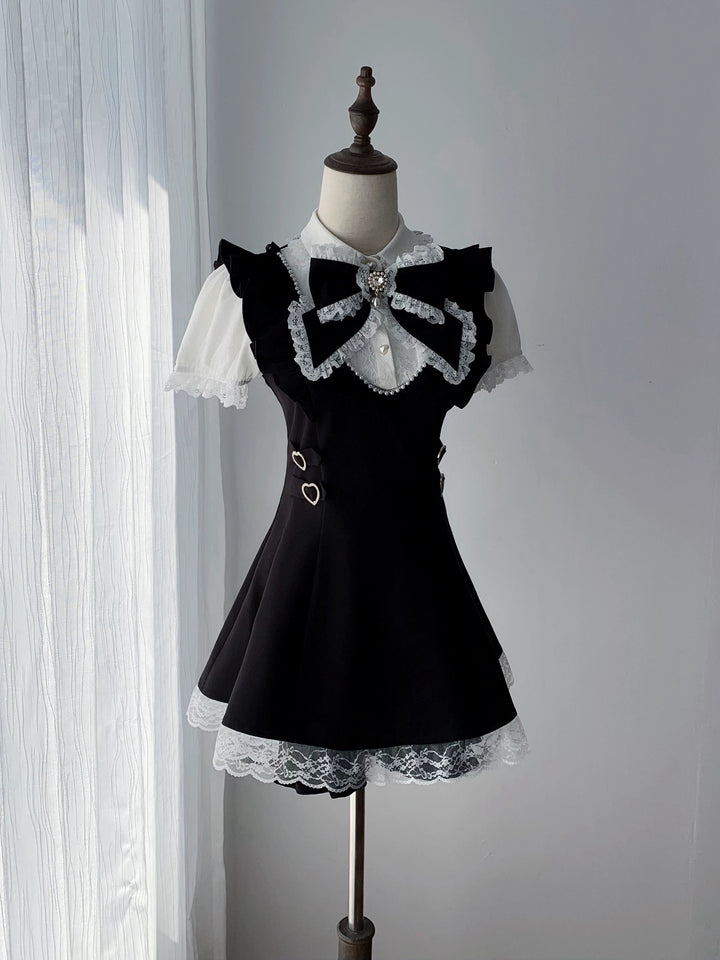 Black Jirai Kei Dress, Pearl Neckline and Lace Trim 45557:855417