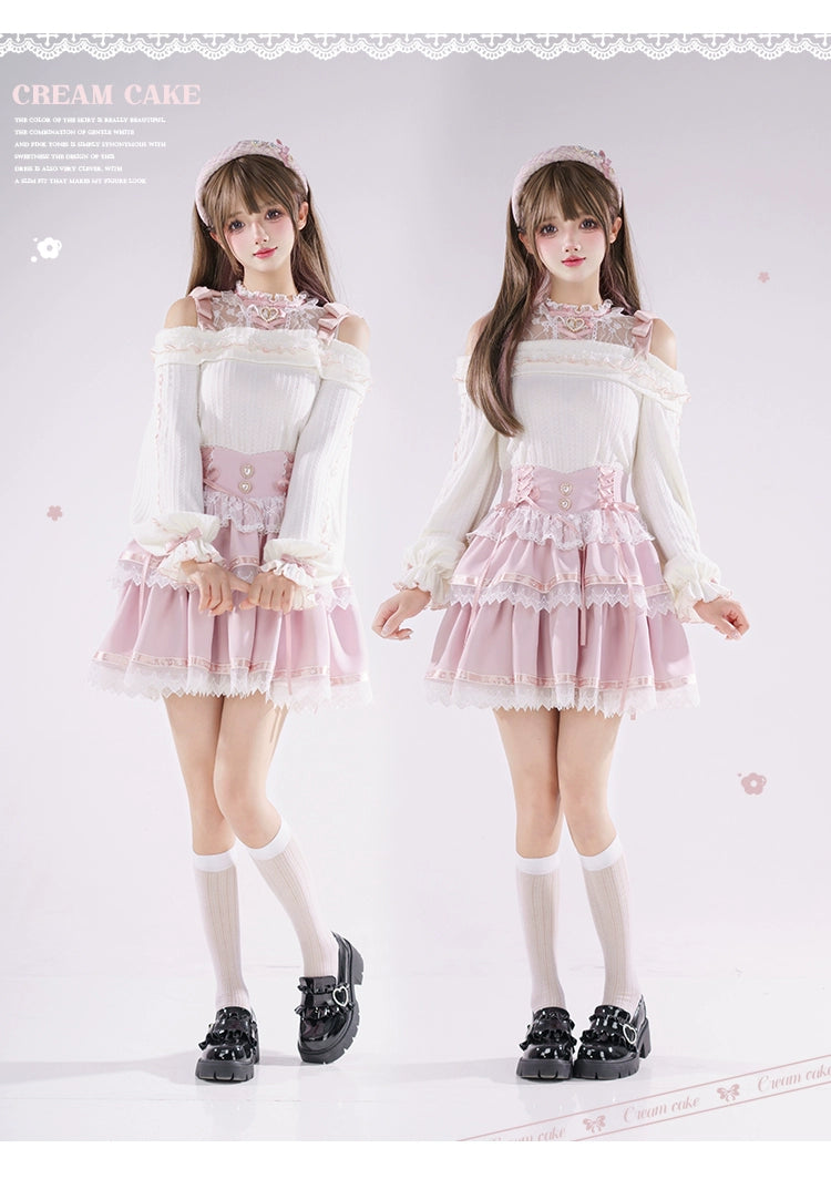 Jirai Kei Sweater Open-shoulder Sweater Pink Tiered Skirt 39408:628078