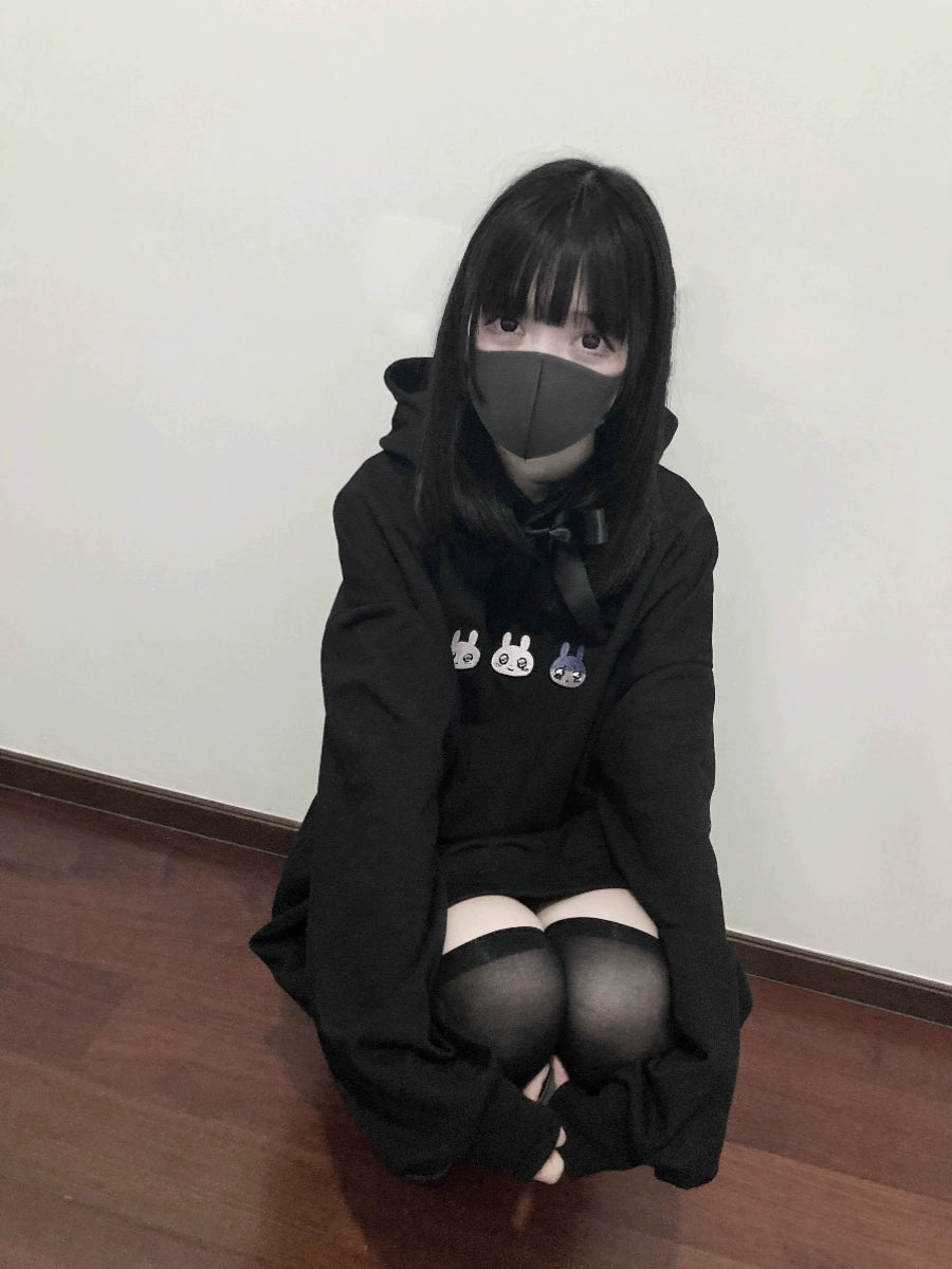 Plus Size Jirai Kei Hoodie Cute Black hooded Sweatshirt 35264:485144