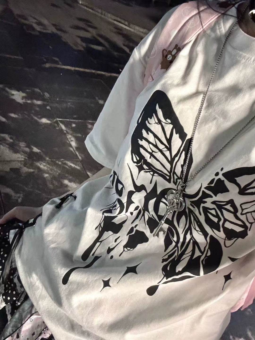 Cotton Gothic Butterfly Print T-Shirt, Zipper Shoulder 43653:782339