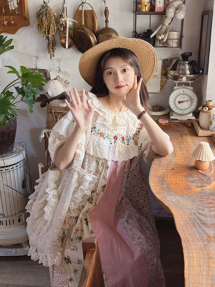 Mori Kei Cottagecore Dress Floral Dress Lantern Sleeves Dress 36216:524324