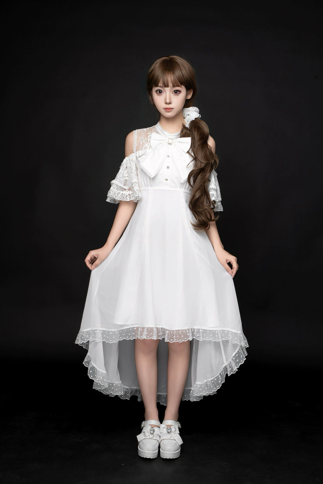 Elegant Long Jirai Kei Dress, Lace Ruffle Open-Shoulder 43651:782328