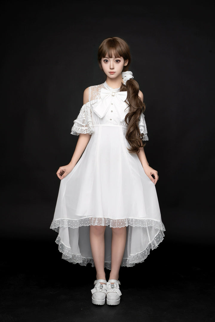 Elegant Long Jirai Kei Dress, Lace Ruffle Open-Shoulder 43651:782328