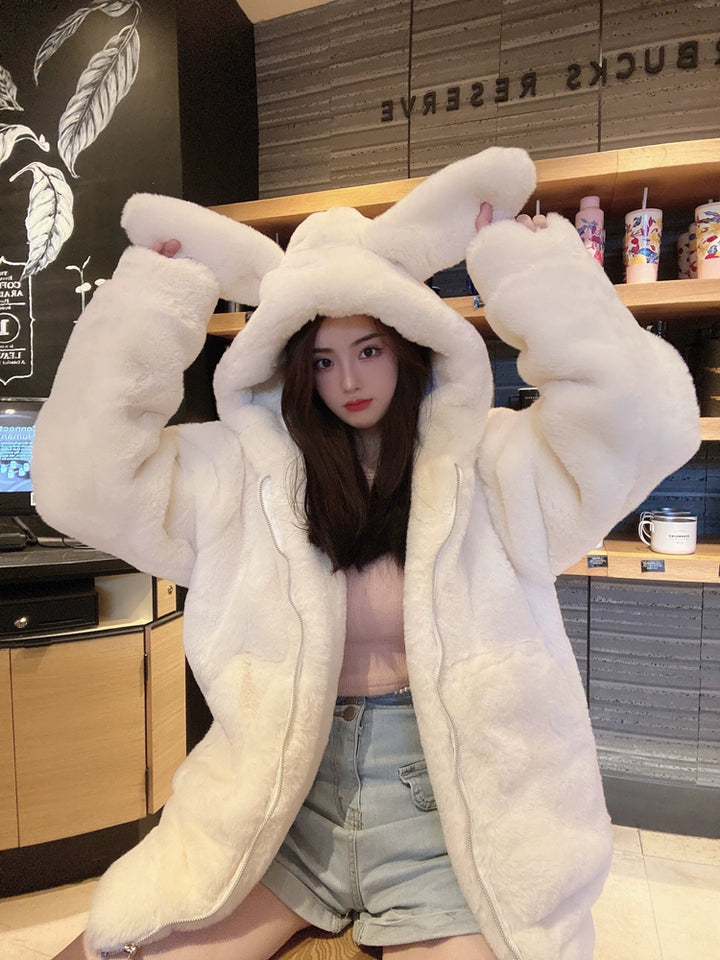 Jirai Kei Winter Coat Thick Fleece Hooded With Cute Bunny Ears 32468:386330 32468:386330