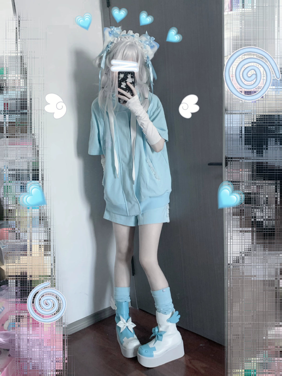 Tenshi Kaiwai Coat Summer Light Blue Short Sleeve Hoodie 29442:349886