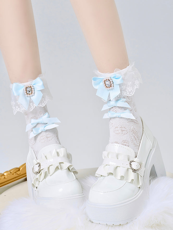 Jirai Kei Socks With Square Rhinestone Bows And Lace Trim 42251:733566