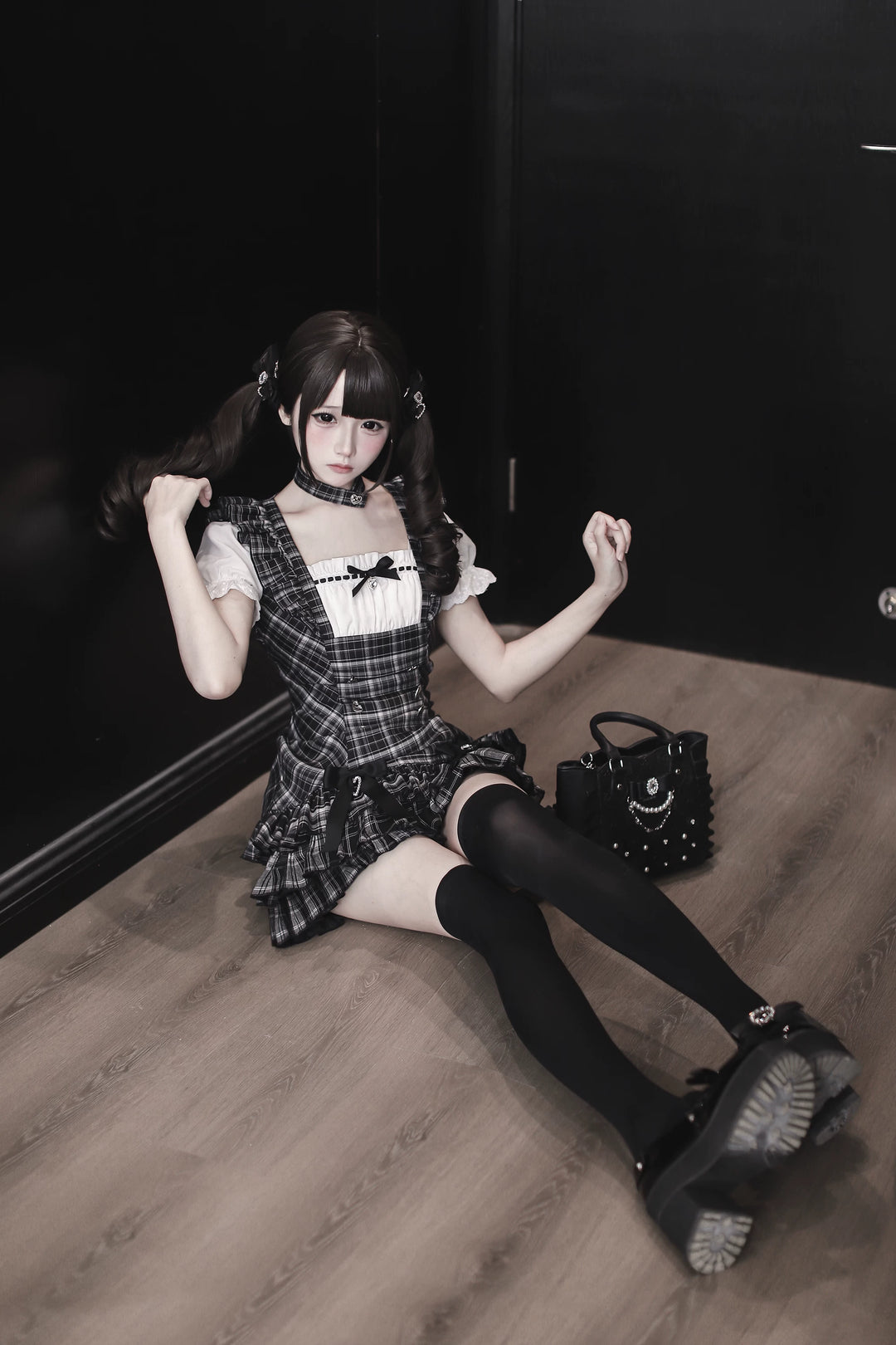 Jirai Kei Black Plaid Dress Set, Heart-Shaped Rhinestone 45004:834474