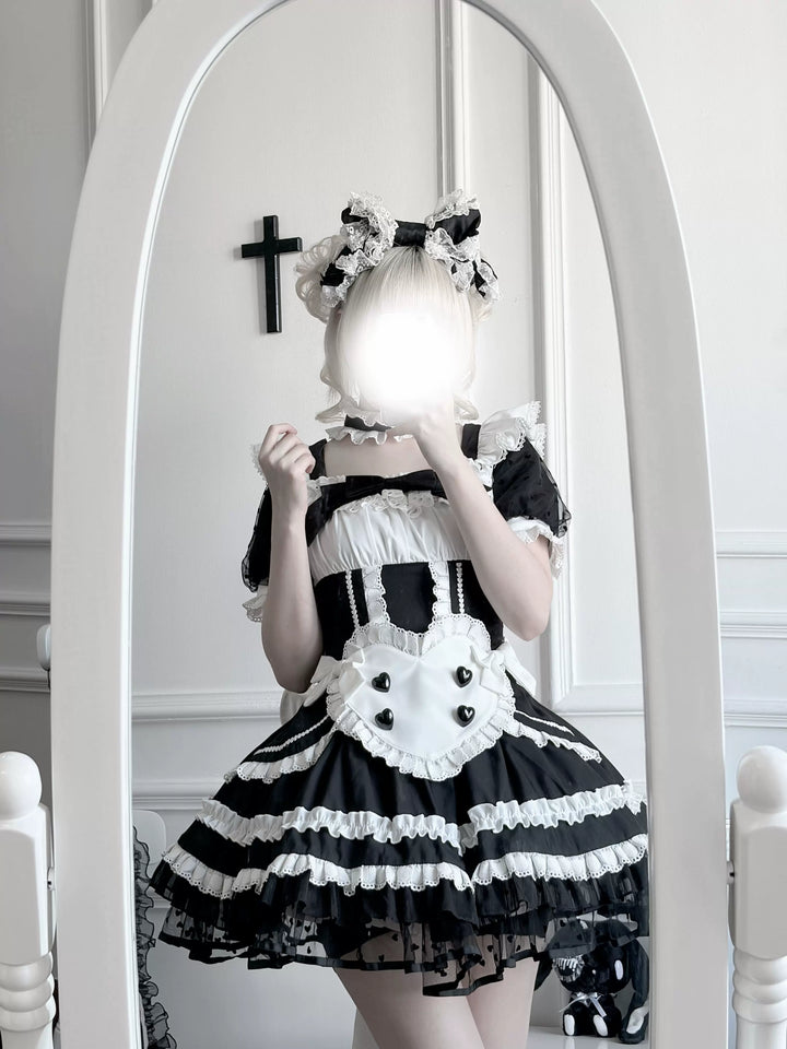Black and White Maid Lolita Dress, Detachable Apron 46065:874564