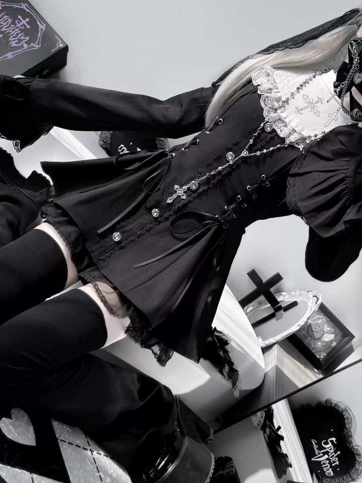 Jirai Kei Flared Sleeve Dress Set, Cross Accents 44369:807251