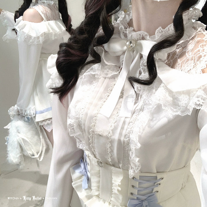 Lace Open-Shoulder Jirai Kei Blouse, Long Sleeves 44004:793093