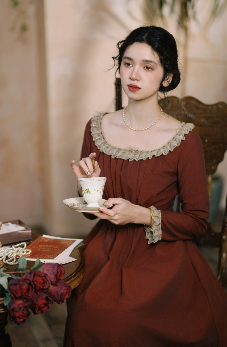 Mori Kei Dress Classical Oil Painting Dress Rust Red Dress 36348:544646