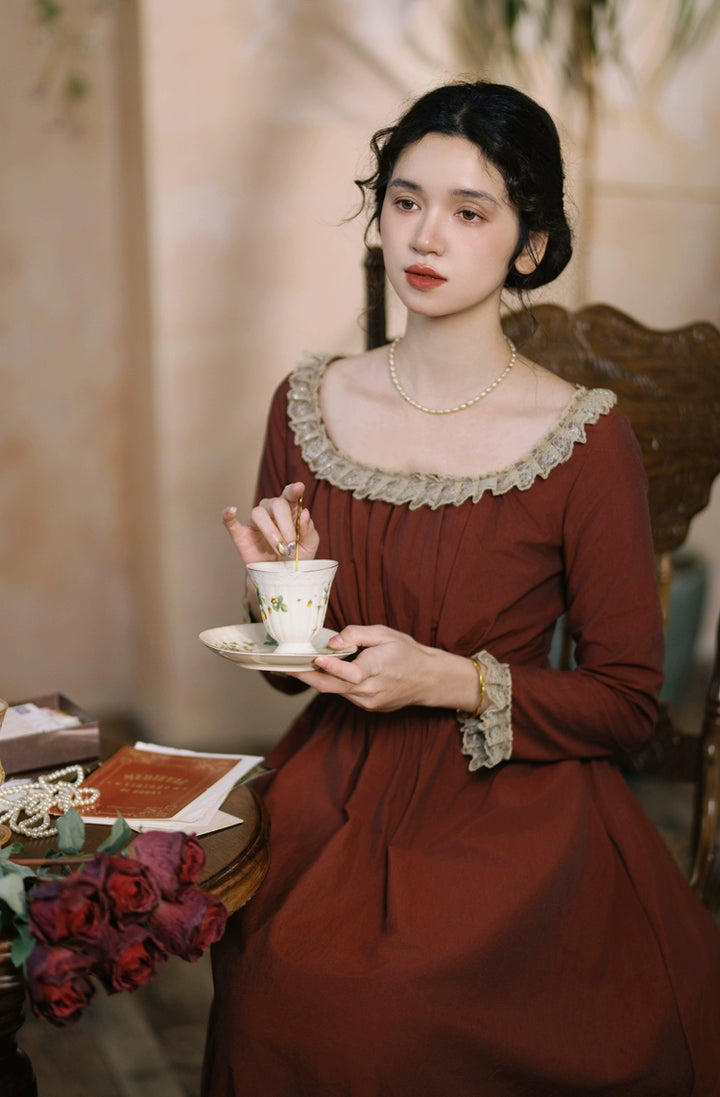 Mori Kei Dress Classical Oil Painting Dress Rust Red Dress 36348:544646 36348:544646