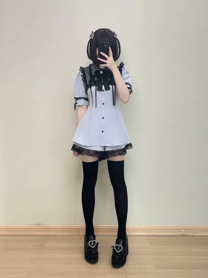Jirai Kei Set Up Short Sleeve Lace Dress And Shorts Set 37462:559372