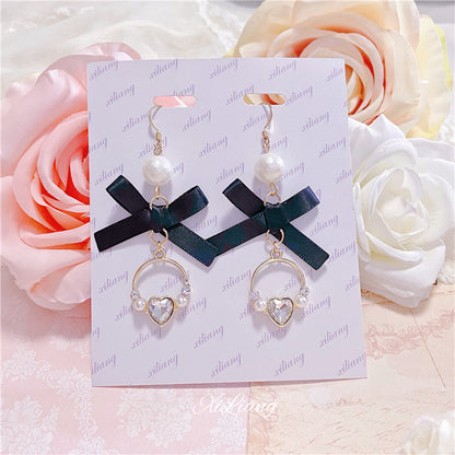 Black Jirai Kei Earrings Heart Rhinestone Bow Ear Clips 33796:449940