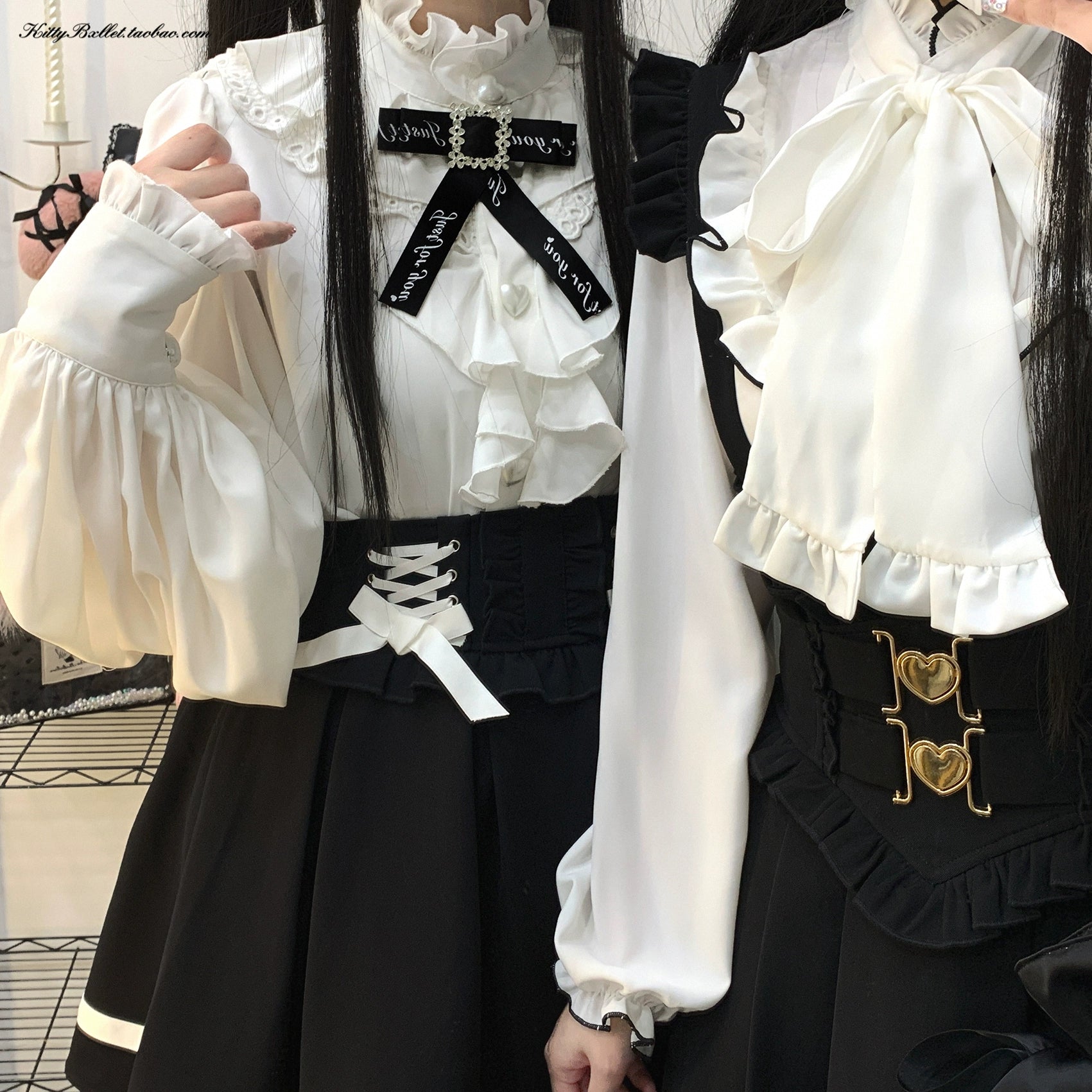 Jirai Kei White Black Blouse Lace Standing Collar Long Sleeved Shirt 31852:372708