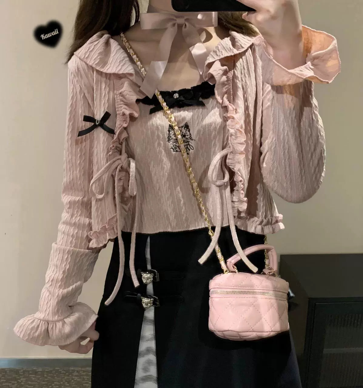 Kawaii Pink White Bow Lace Up Cardigan 21794:318664