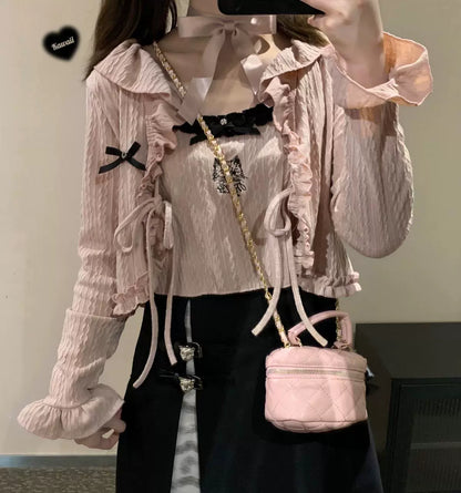 Kawaii Pink White Bow Lace Up Cardigan 21794:318664