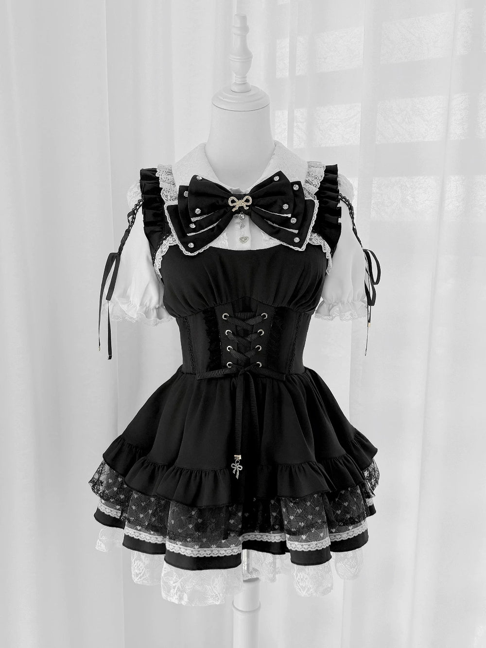 Jirai Kei Lace Plaid Dress Set, Detachable Rhinestone Bow (L M S XL) 45700:860689