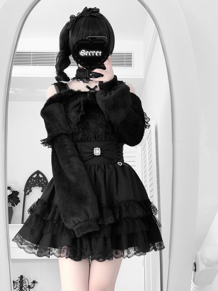 Open-Shoulder Plush Top, Choker with Pearl-Like Chain 44114:801536