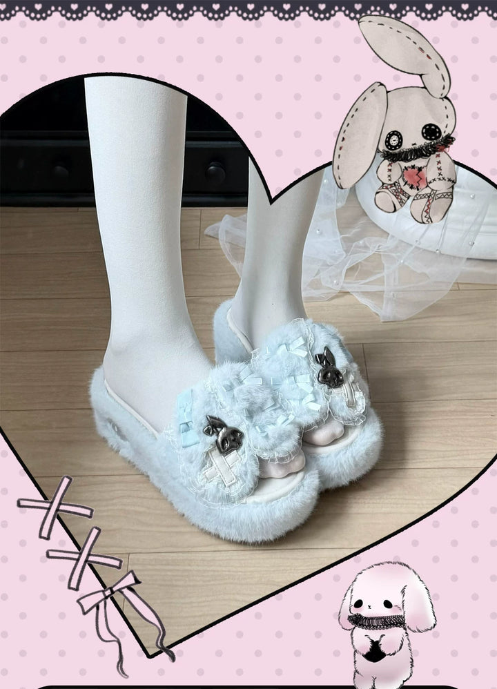 Jirai Kei Plush Wedge Platform Slippers, Bunny & Bow Accents 45959:870499