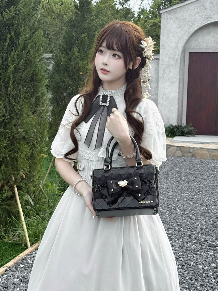 Ryousangata Square Handbag, Lace Bow & Diamond Quilting 45754:862810