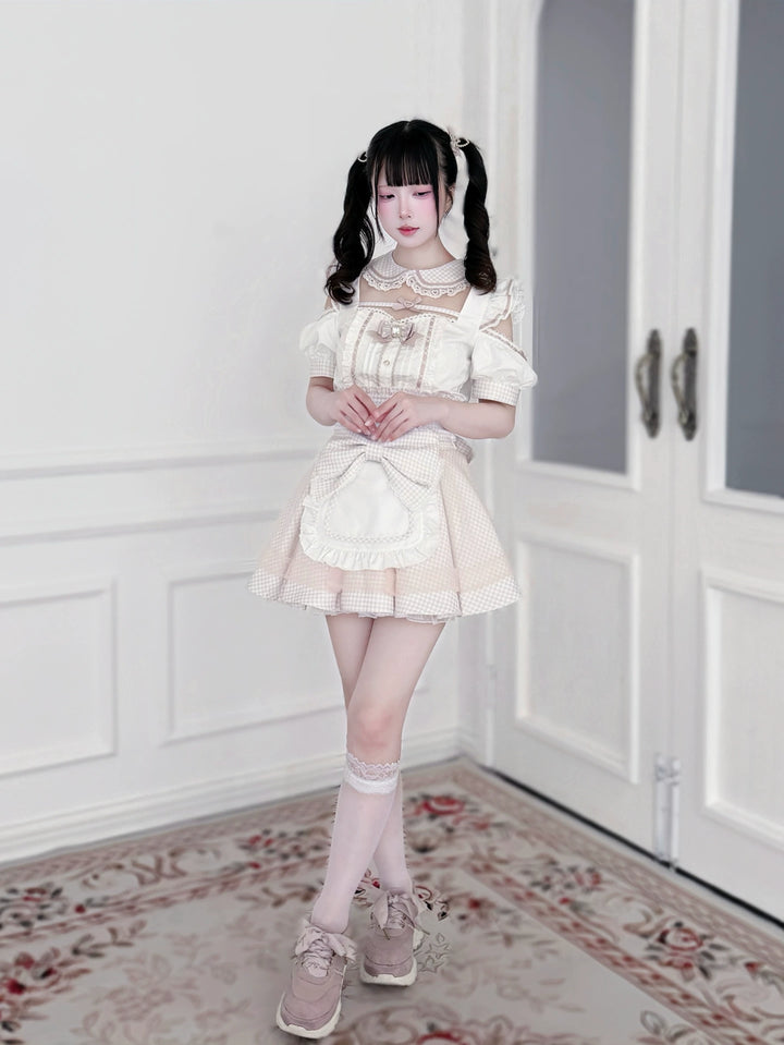 Jirai Kei Gingham Maid Blouse and Skirt Set, Detachable Apron 45659:858693