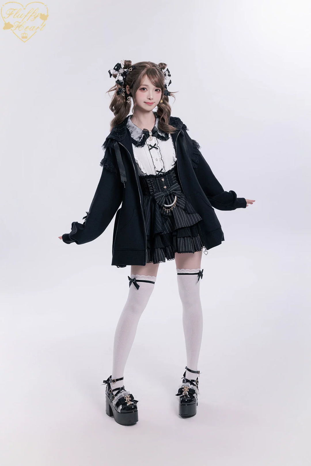 Lace-Trim Hoodie Coat, Side Pocket 45227:842233