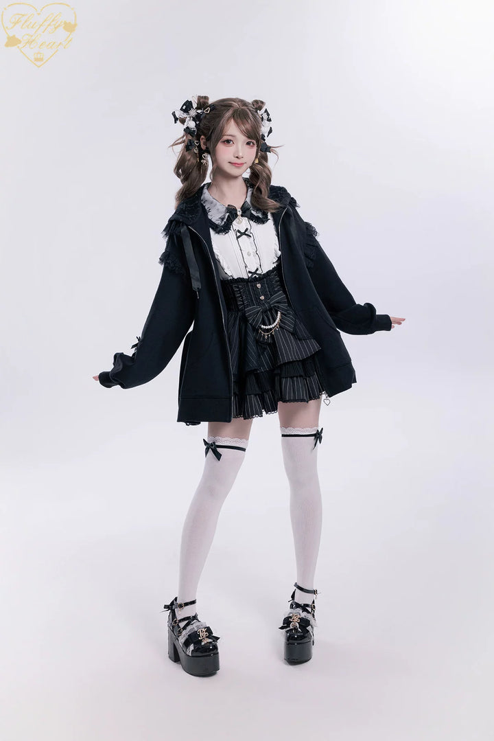 Lace-Trim Hoodie Coat, Side Pocket 45227:842233