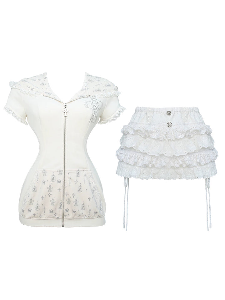 Gyaru Outfit, Bunny Ear Zip Up Hoodie + Tiered Lace Skirt 43433:779646