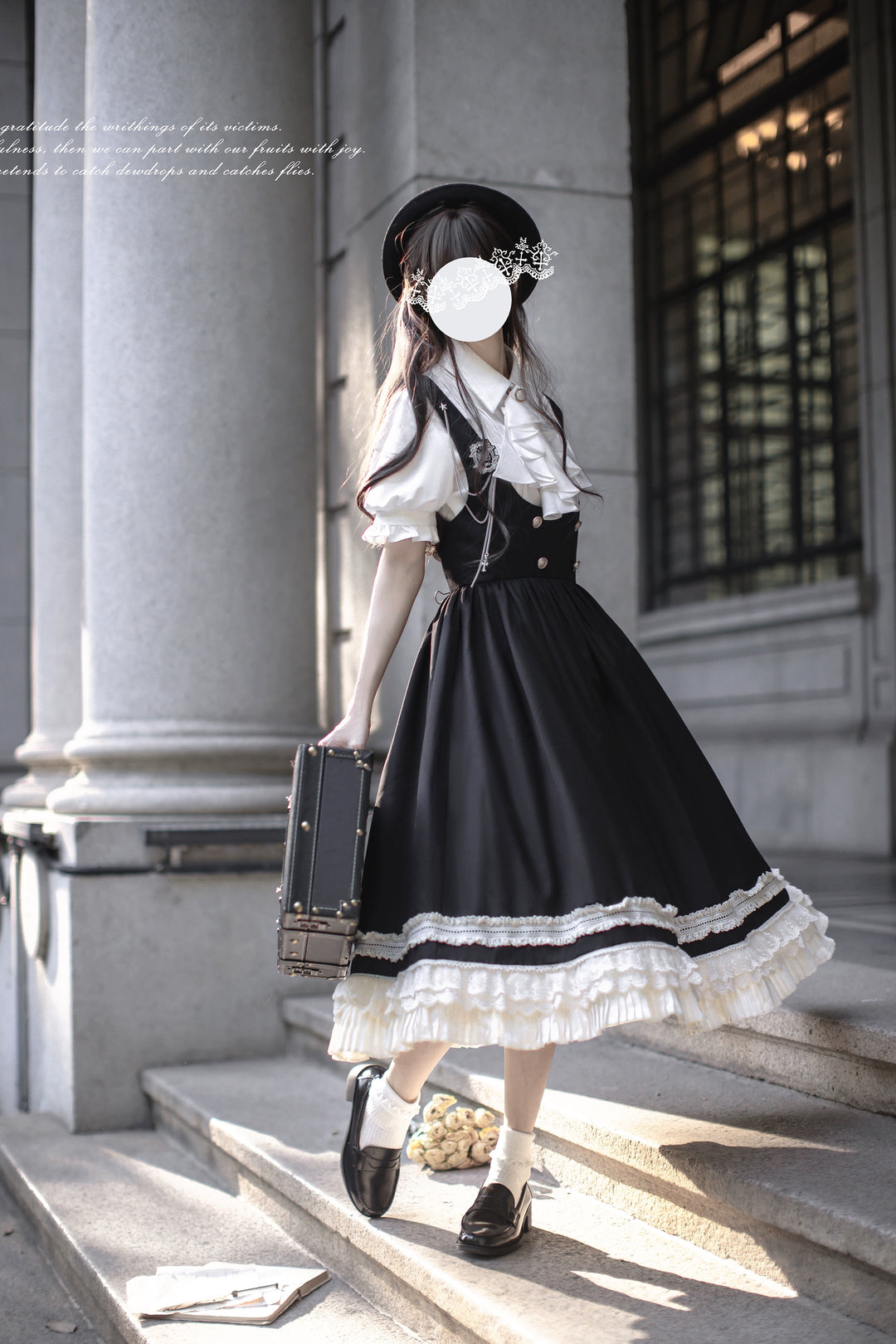 Black Preppy Style Jumper Dress, White Blouse 43508:778720