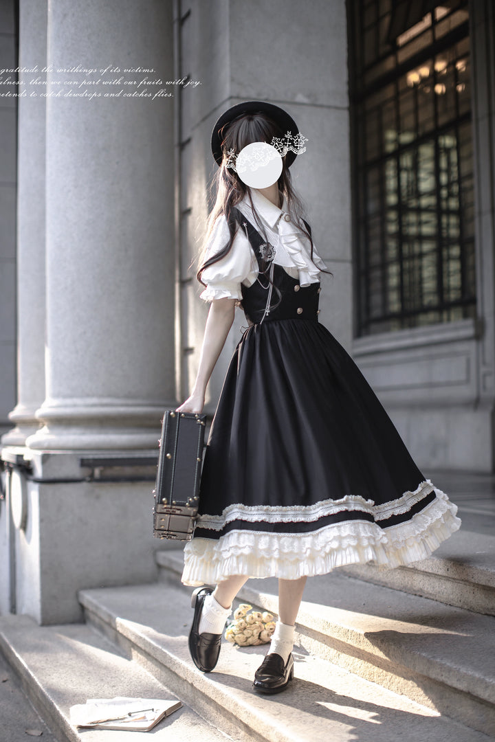 Black Preppy Style Jumper Dress, White Blouse 43508:778720