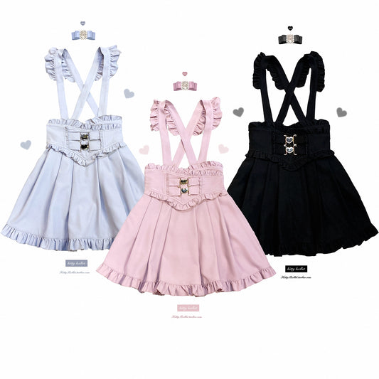 Jirai Kei High Waist Skirt Heart Button Lace Cross Overalls 31858:396996