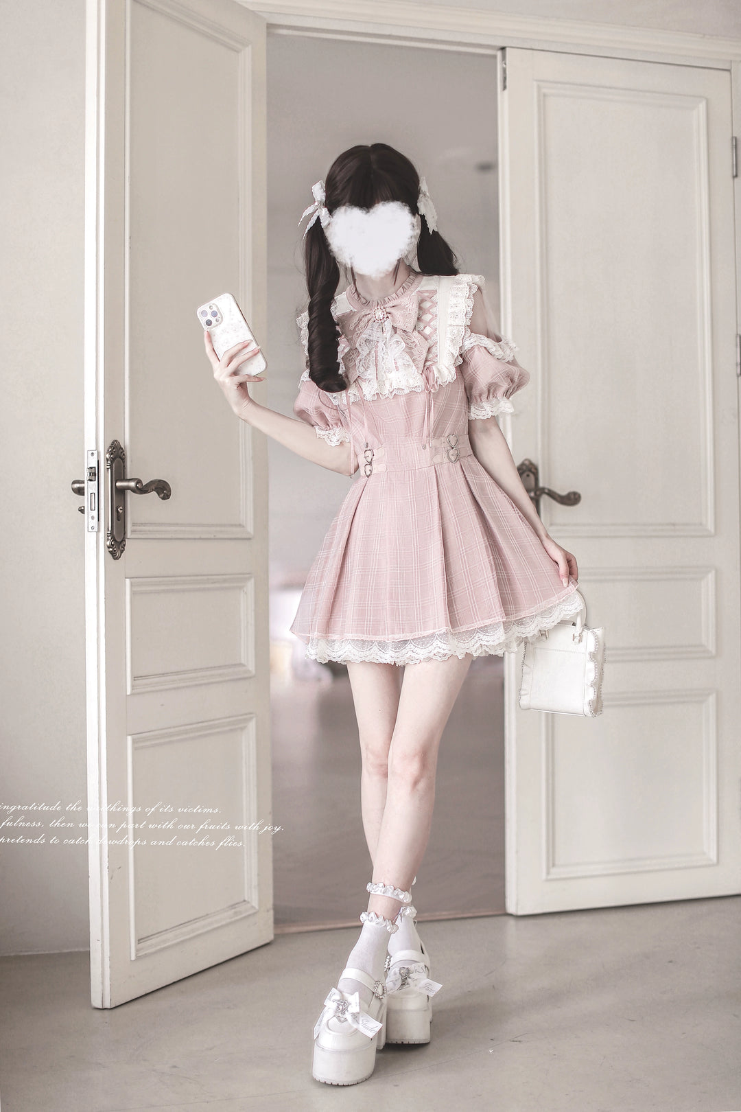 Pink Ryousangata Dress With Lace Trim & Square Rhinestone Bow 43193:770335