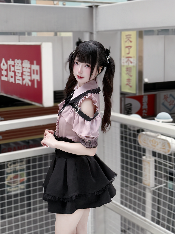 Jirai Kei High-Waist Skirt, Double Layered Lace Hem 45425:848568