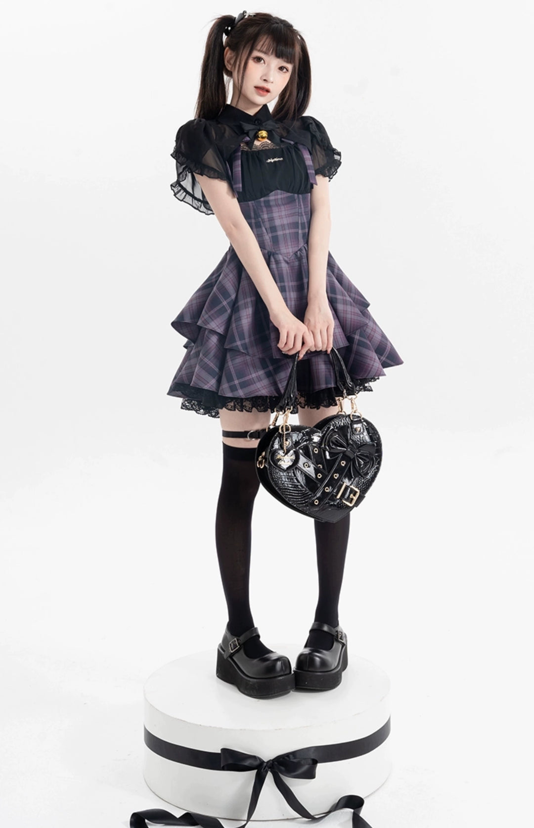 Gyaru Purple Plaid Dress With Lace Trim And Black Bolero 22508:323448