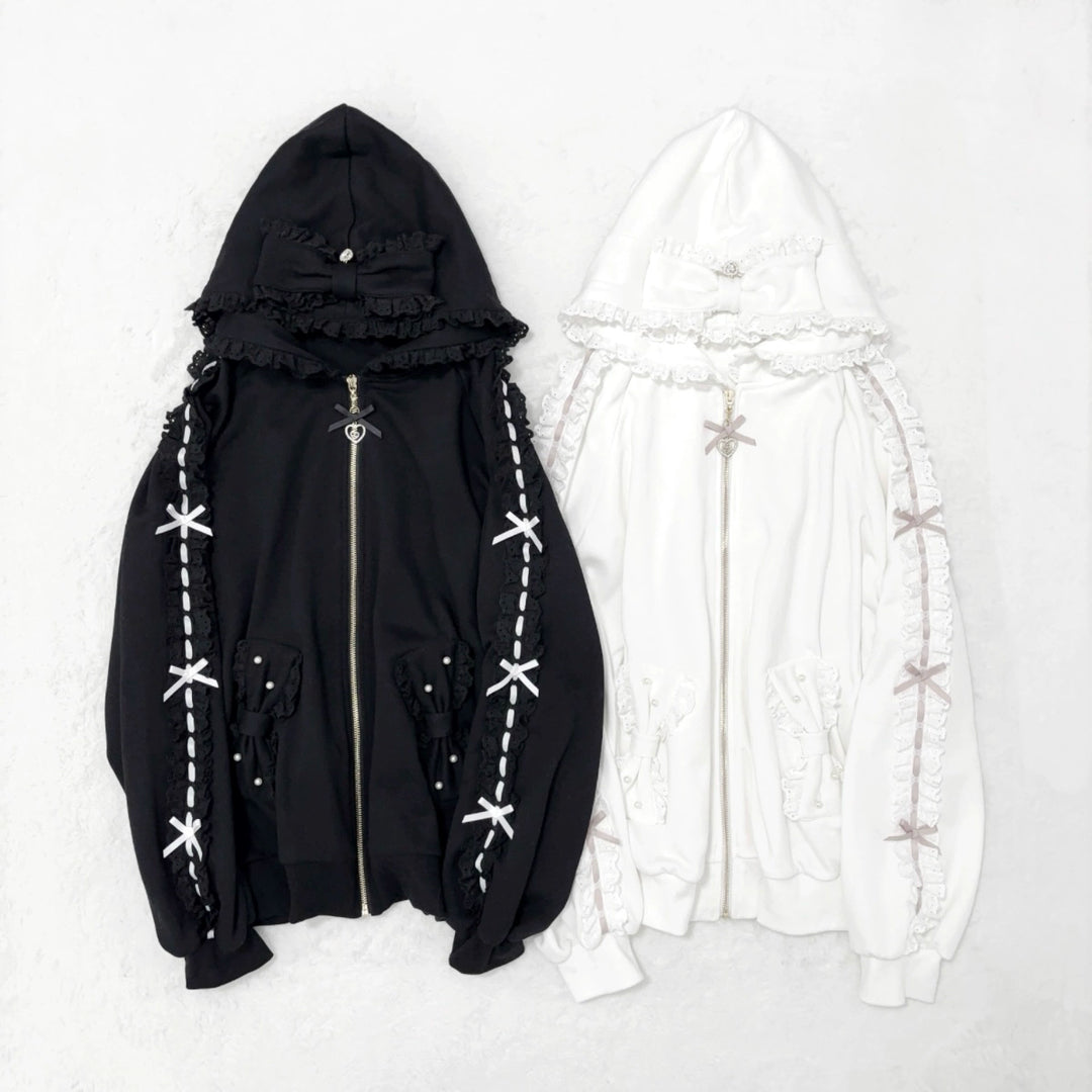 Jirai Kei Zip-Up Hoodie, Ruffle Lace and Bows (L M) 44176:800896