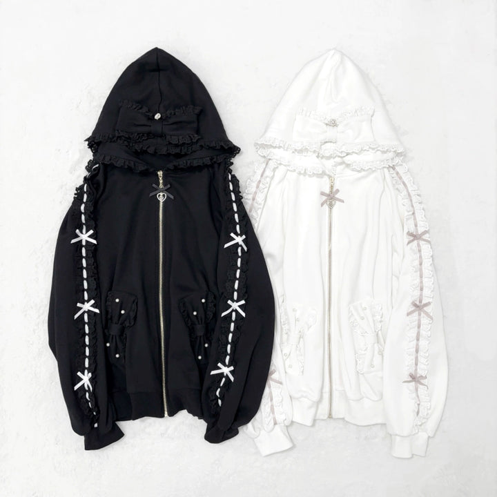 Jirai Kei Zip-Up Hoodie, Ruffle Lace and Bows (L M) 44176:800896